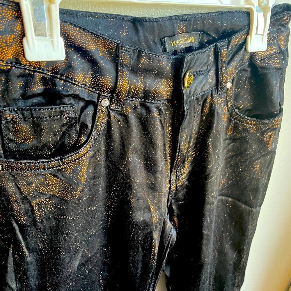 AUTHENTIC Roberto Cavalli Size 2 Black and Gold Low Rider Flare Pants